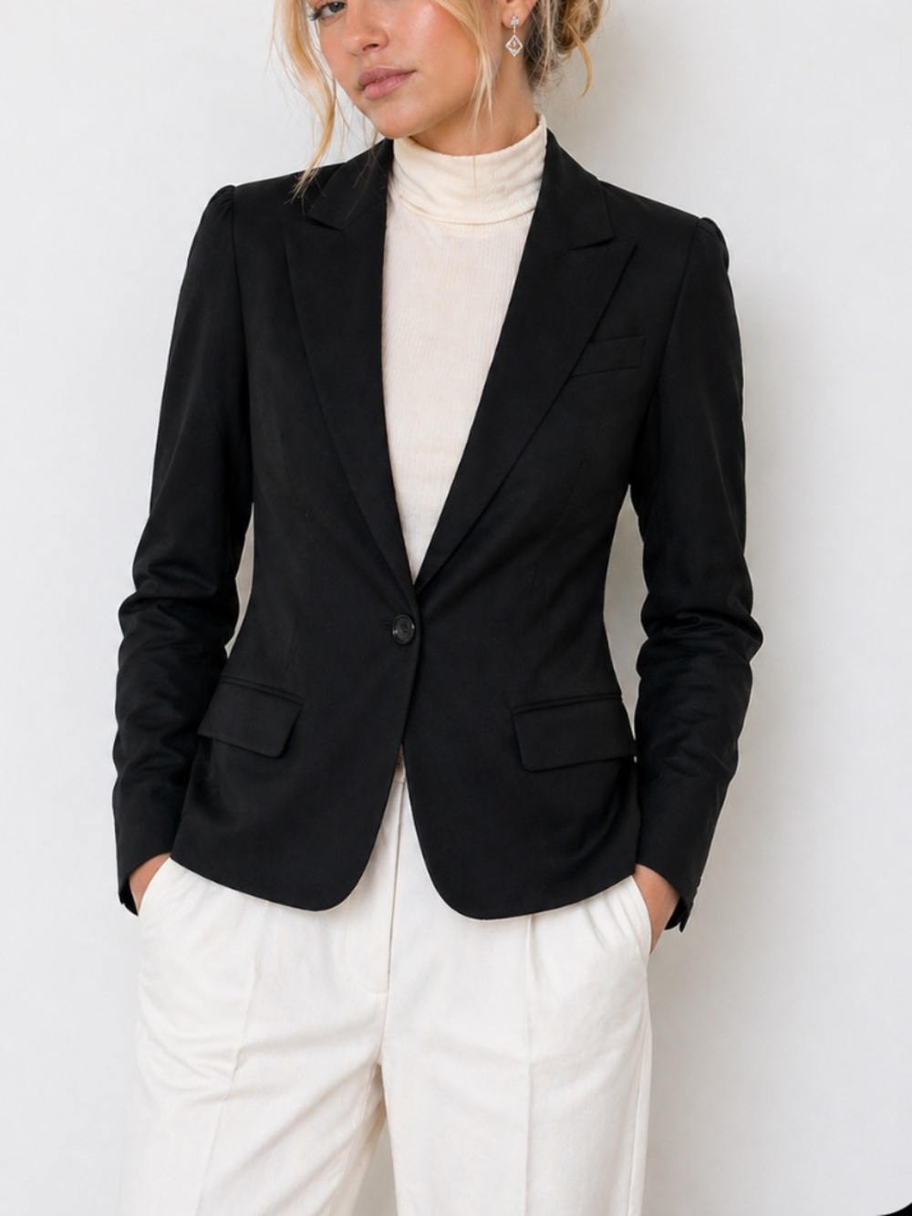 Lafayette 148 Black Wool Single-Button Tailored Blazer W/ Puff Shoulders Career